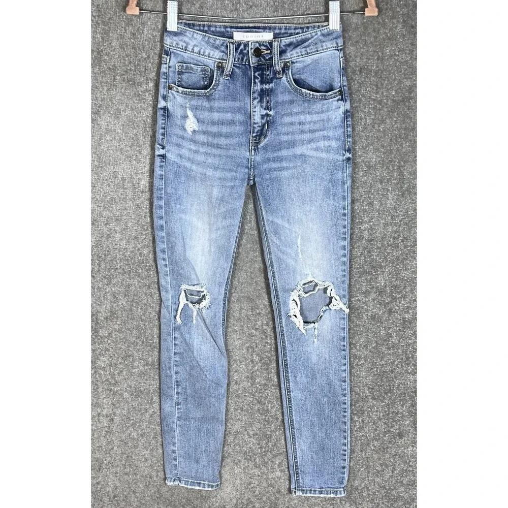 Eunina Bella Super High Rise Skinny Ankle Jeans Womens Size 0 Blue Distressed